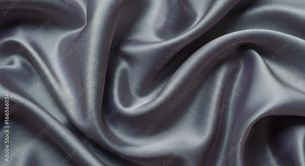 Fototapeta premium Elegant Draped Silver Gray Satin Fabric Texture Background, Smooth Silky Surface, Luxurious Textile, Soft Shiny Waves, Closeup Studio Shot