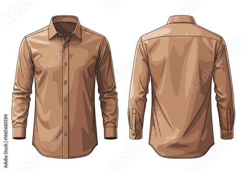 Illustration of a long-sleeved, button-down shirt in a tan color, shown from both the front and back.