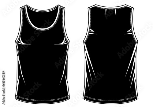 Vector illustration depicting a black tank top, shown from the front and back, with white trim, isolated on a white background.
