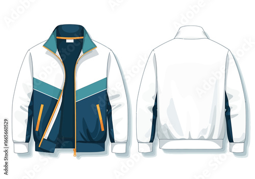 Illustration of a white, blue, and teal track jacket, front partially open, with a back view of the same jacket.