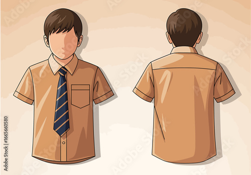 Depiction of a school uniform, showing the front and back of a short-sleeved shirt with a tie, presented in a cartoon style.