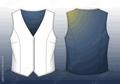 Front and back view of a white and blue waistcoat, showcasing design and tailoring details.