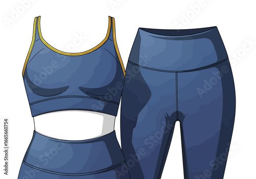 Illustration of a blue sports bra with yellow trim and matching leggings, isolated on a white background.