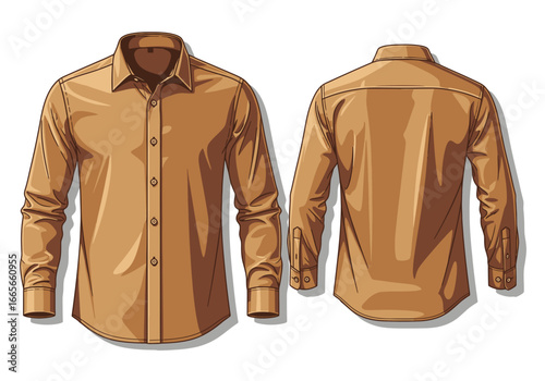 Illustration of a long-sleeved, button-down shirt in a tan or brown color, shown from both the front and back perspectives.