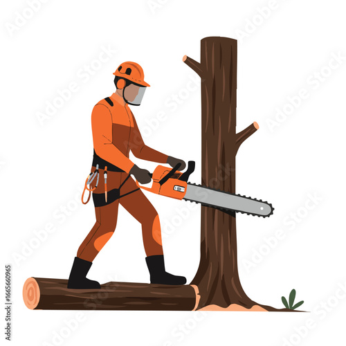 A logger in safety gear actively cutting a tree with a chainsaw, depicted in a minimalist 2D flat vector illustration with clean lines and solid colors, isolated on white.