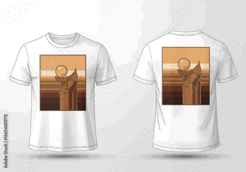 Two white t-shirts displaying a brown abstract design with a sphere, shown from the front and back.