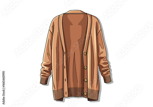 A brown, long-sleeved cardigan with buttons, lying flat on a white surface, casting a shadow.