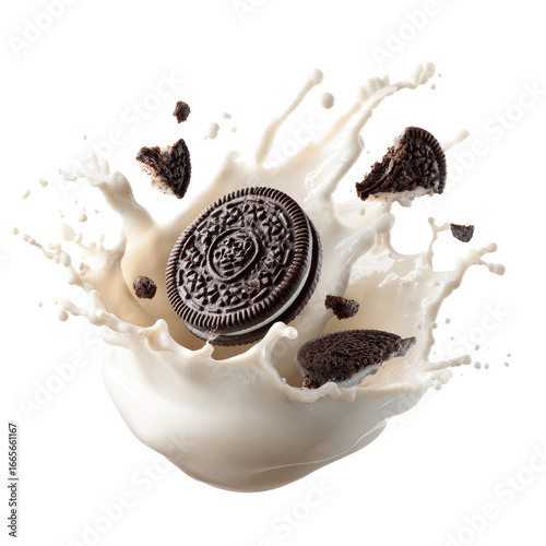 Milk Splash with Oreo Cookie Pieces Isolated on White