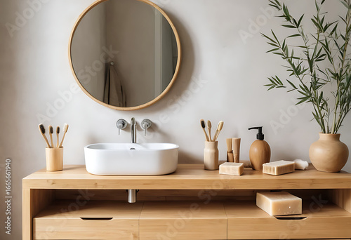 Eco bathroom with wooden vanity round mirror plants and natural decor sustainable home