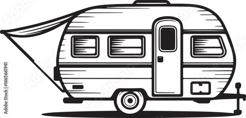 Hand-Drawn Retro Caravan Sketch Minimal Black and White Outline Vector Mobile Home Illustration