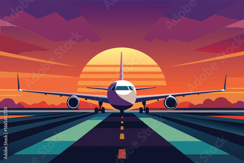 Airplane on runway at golden sunset, capturing the spirit of travel, aviation, and global connection, perfect for themes of adventure, tourism, business trips, and international transport.