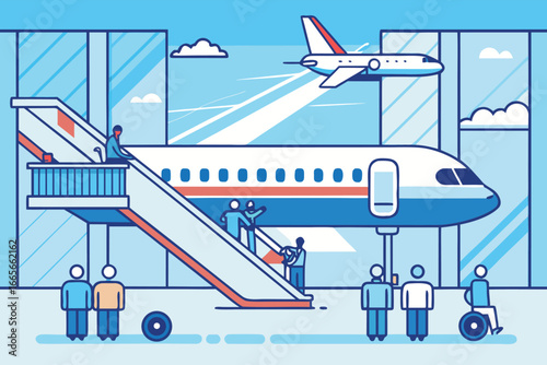 Passengers boarding airplane at busy airport terminal with organized process, aircraft taxiing, and contemporary facilities, ideal for travel, tourism, aviation, and transportation themes.