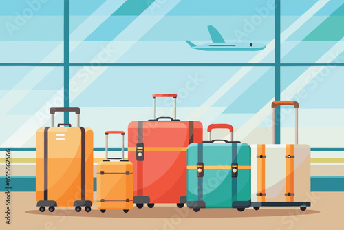 A vibrant grouping of luggage in various colors, situated in an airport terminal with a plane visible outside the large windows. Perfect for travel, vacation, or transportation-related themes.