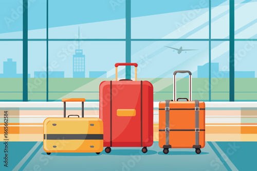 Vibrant suitcases in bright airport terminal, airplane framed in panoramic window, representing tourism, vacations, business travel, aviation, and the spirit of global connectivity.