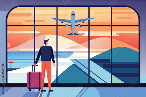 Passenger holding suitcase in airport terminal gazes at departing airplane under colorful sunset sky, symbolizing travel, tourism, aviation, exploration, and global connectivity.