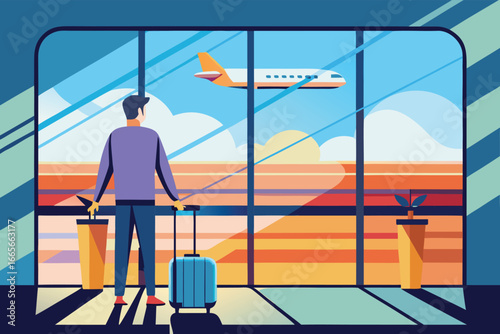 Passenger holding luggage in airport terminal gazes at departing airplane in clear sky, capturing themes of travel, tourism, aviation, wanderlust, and international adventure.