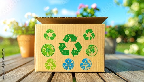 Eco-Conscious Cardboard Packaging Box with Recycling Logos Outdoors