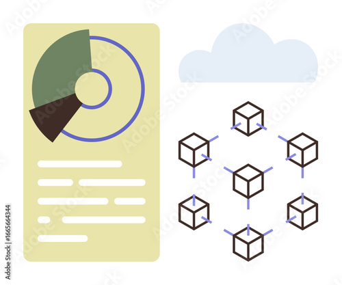 Circular data chart with pie segments beside a connected cube blockchain network under a light blue cloud. Ideal for blockchain, data analysis, cloud computing, technology, networking