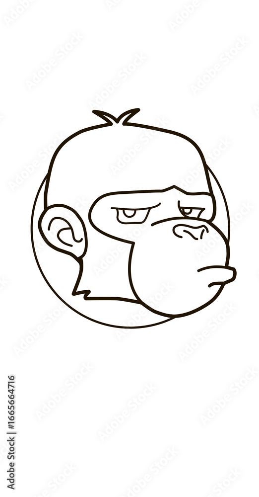 Obraz premium Vector illustration of a grumpy gorilla face inside a circle, cartoon outline design, perfect for stickers, logos, and apparel prints