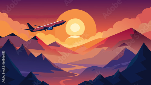 Airplane Flying Over Mountains at Sunset – Minimal Vector Illustration
