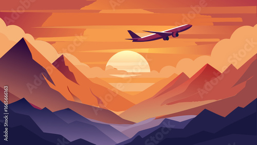 Airplane Flying Over Mountains at Sunset – Minimal Vector Illustration