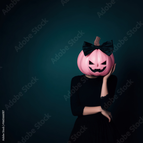 Pink pumpkin with black bow as head on person in dark dress creates unique halloween mood with mysterious and playful style