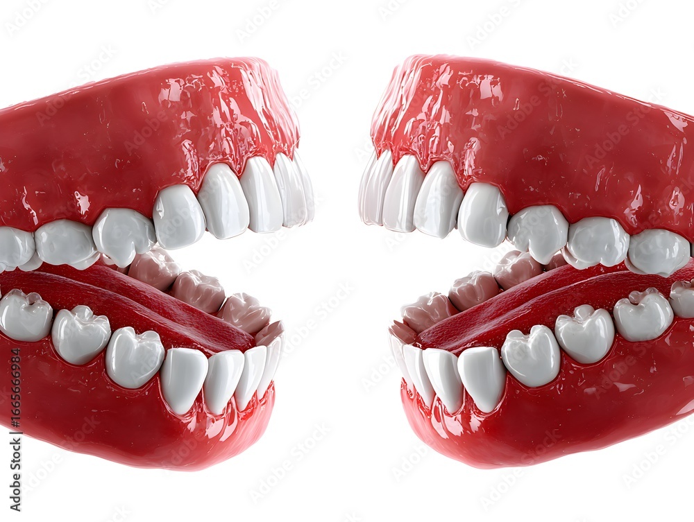 Obraz premium Two sets of human teeth are displayed to showcase dental anatomy and oral health on a bright white background.