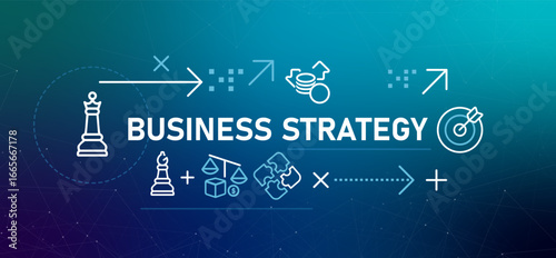 Business Strategy banner illustration graphic icons representing strategic planning setting goals objective and long term plans in competitive market