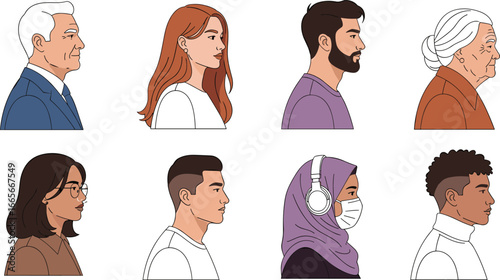 Diverse side profile portraits of people in various ages, cultures, and styles, vector illustration showcasing inclusion, fashion, identity, and lifestyle