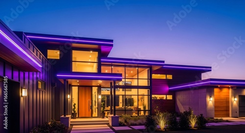 Stunning modern home exterior glows with vibrant purple lighting