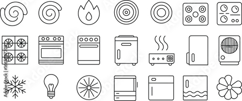 Kitchen appliances icons, stove, oven, refrigerator, washing machine, dishwasher, cooking equipment, gas burner, microwave, household electronics, flat vector illustration