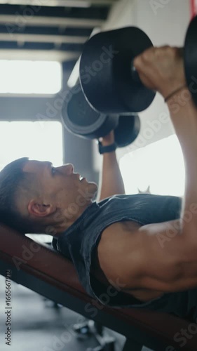 Side view of a young man performing a bench press with dumbbells in a gym, focused and determined. Young Man Doing Weightlifting Bench Press Exercise at the Gym. Vertical
