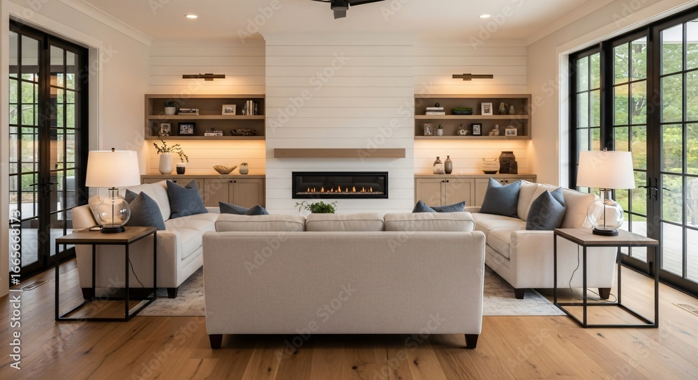 Fototapeta premium Elegant living room with cozy fireplace and sophisticated decor