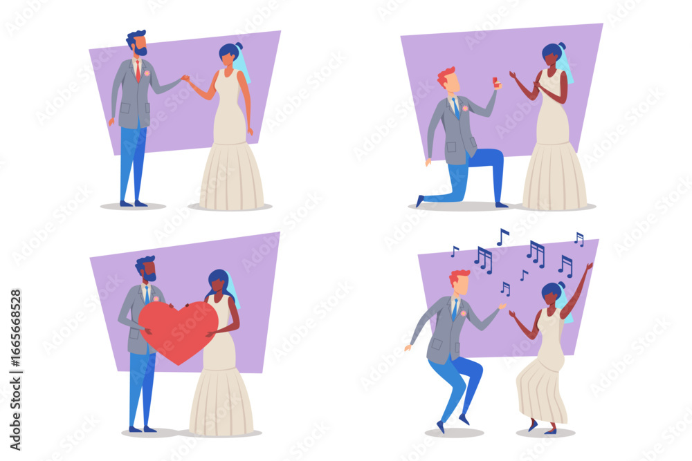 Fototapeta premium Couples celebrating their love in vibrant setting, engaging in heartfelt moments. From exchanging vows to joyful dances, atmosphere filled with happiness and music