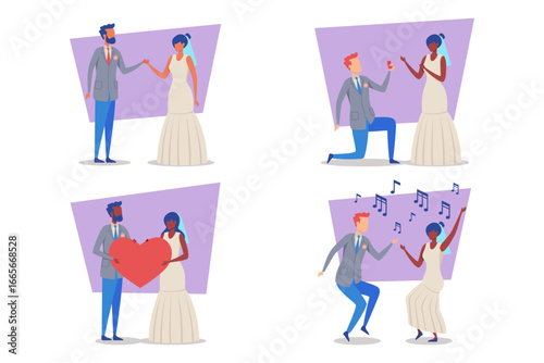 Couples celebrating their love in vibrant setting, engaging in heartfelt moments. From exchanging vows to joyful dances, atmosphere filled with happiness and music