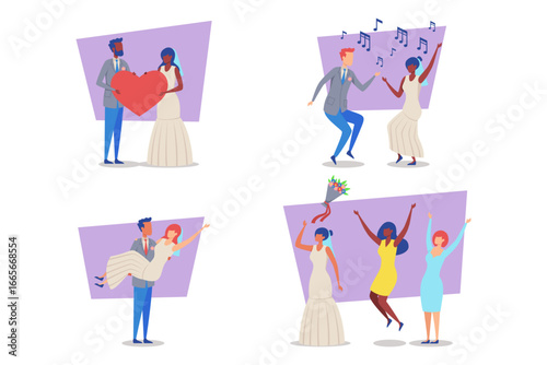 Couples engaged in various joyful activities celebrating their union, showcasing love and excitement. Dancing, holding hearts, and sharing special moments with friends
