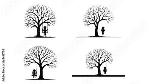 halloween spooky tree illustration with child on swing scary night

