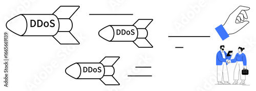 Missiles labeled DDoS intercepted by a hand while two professionals converse and strategize. Ideal for cybersecurity, data protection, network safety, digital defense, corporate strategy, IT