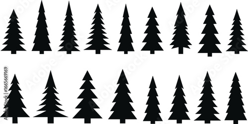 Twenty pine tree silhouettes in two rows, vector illustration for nature, forest, landscape, outdoor, and evergreen tree design themes