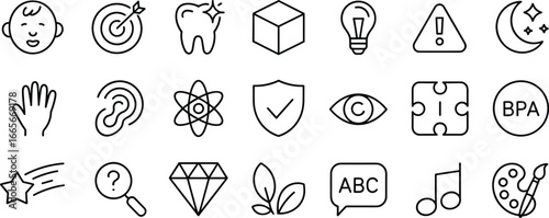 Baby care icons, science technology, business creativity, music art, health safety, nature eco, education learning, copyright protection, flat vector illustration