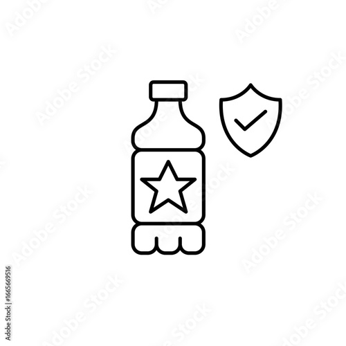 Bottle, star, shield and checkmark. Health-compliant product, secure medication, quality-assured liquid, safe-to-use formula, regulated substance. Pixel perfect, editable stroke vector icon