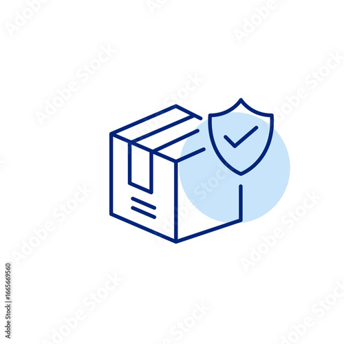 Certified logistics, safe delivery process, authenticated sender. Package box, shield and checkmark. Pixel perfect, editable stroke vector icon