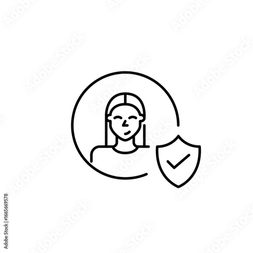 Verified female user profile, approved account, authenticated identity, trusted member. Pixel perfect, editable stroke vector icon