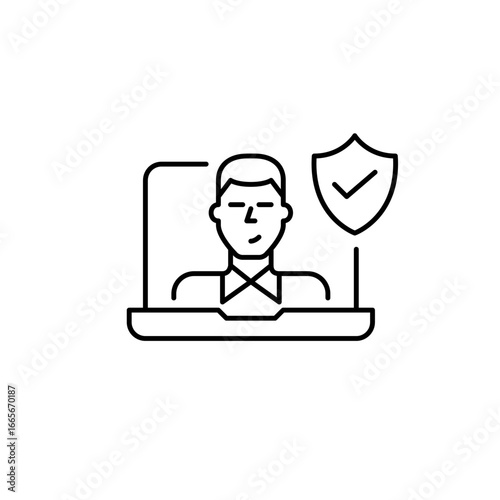 Man user at laptop, shield and checkmark. Cybersecurity assurance, safe data handling, authenticated login, compliant digital use. Pixel perfect, editable stroke vector icon
