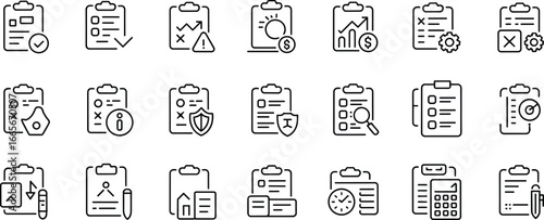 Clipboard icons, document reports, task checklist, business management, financial analysis, notes, security, time tracking, productivity tools, flat vector illustration