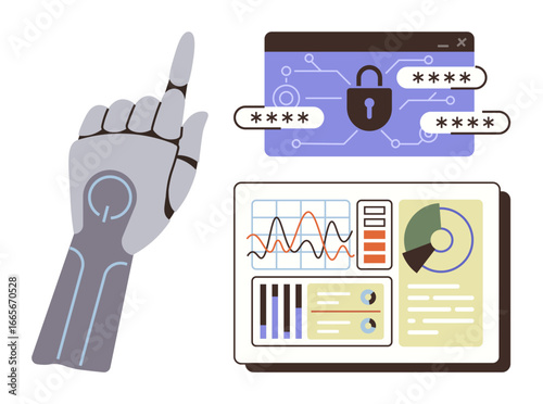 Robotic hand pointing to secure login interface and data dashboard. Ideal for cybersecurity, AI, robot technology, data security, analytics, innovation, automation. Simple flat metaphor