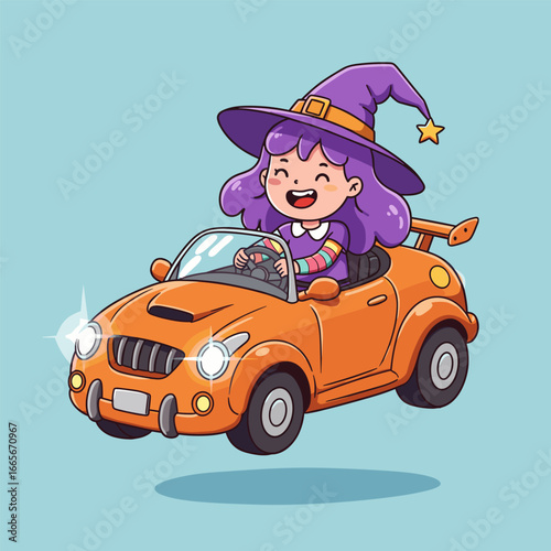 Purple-haired witch zooms through the sky in a flying orange convertible, beaming with joy.