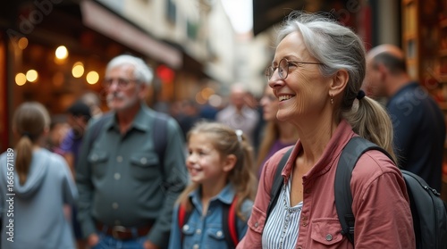 Happy senior woman smiling and visiting a crowded european city during holidays with her family, a blurred man and a little girl standing next to her in the background