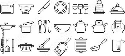 Kitchen utensils icons, cooking tools, cutlery, plates, glasses, knives, pots, pans, bowls, grater, kettle, food preparation, flat vector illustration