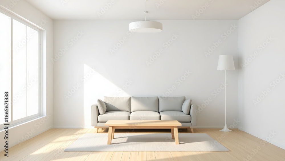 Fototapeta premium Modern living room with natural light and comfortable sofa and coffee table